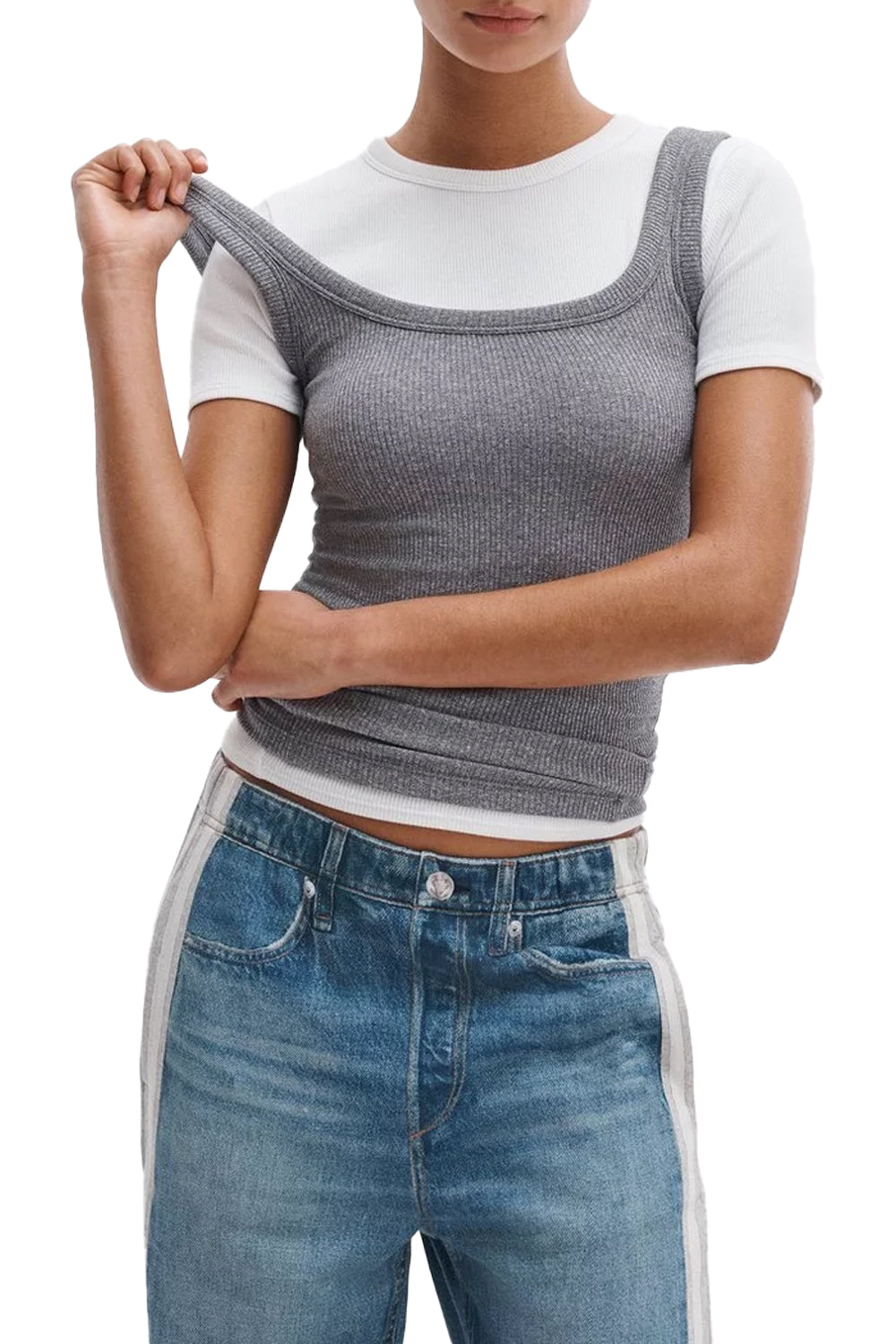 The Essential Rib Wide String Tank in Heather Gray