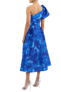 Azula One Shoulder Midi Dress in Blue Denim Floral