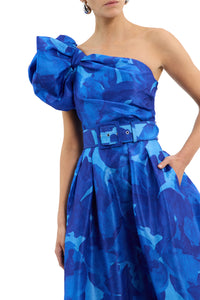 Azula One Shoulder Midi Dress in Blue Denim Floral