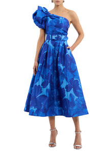 Azula One Shoulder Midi Dress in Blue Denim Floral