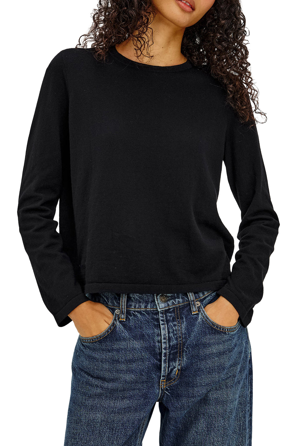 Cotton Cashmere Long Sleeve Tee in Black