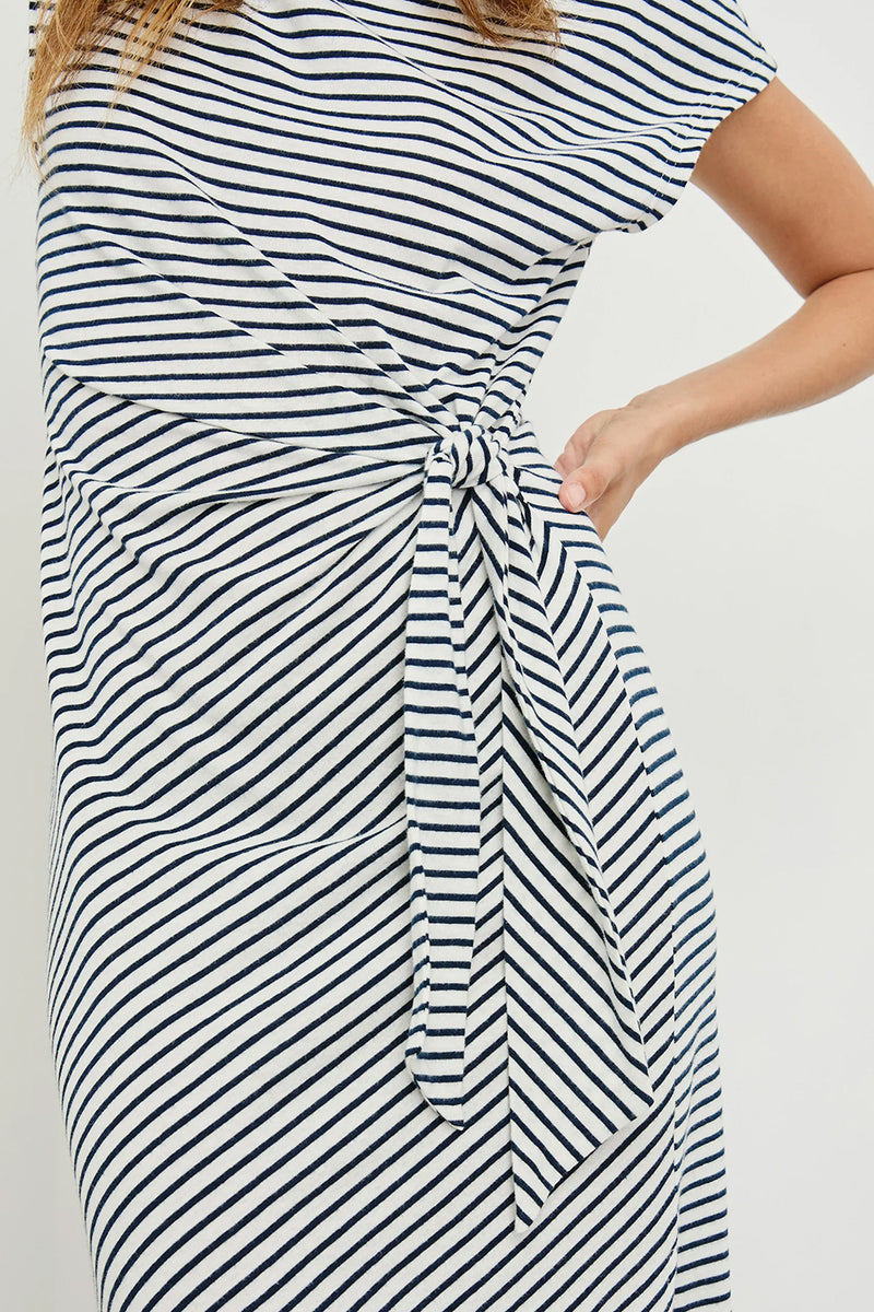 Selah Dress in Ivory Navy Micro Stripe