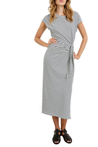 Selah Dress in Ivory Navy Micro Stripe