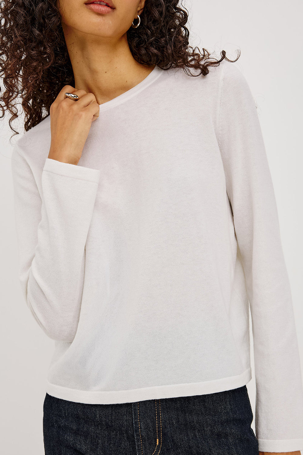 Cotton Cashmere Long Sleeve Tee in White