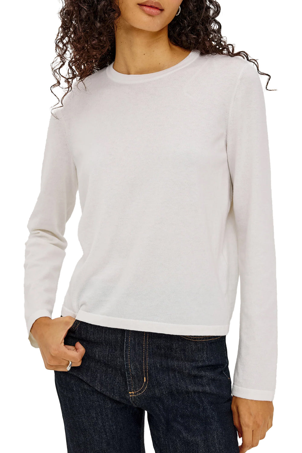 Cotton Cashmere Long Sleeve Tee in White