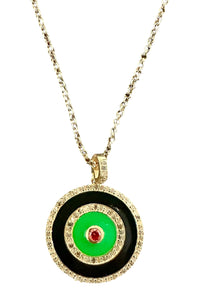 Green and Black Enamel, Pave Diamond and Ruby Pendant on Gold Filled Chain Necklace