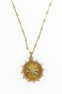 Gold Vermeil and Pave Diamond Spoked Disc Pendant on Gold Filled Bar Chain 16/18/20