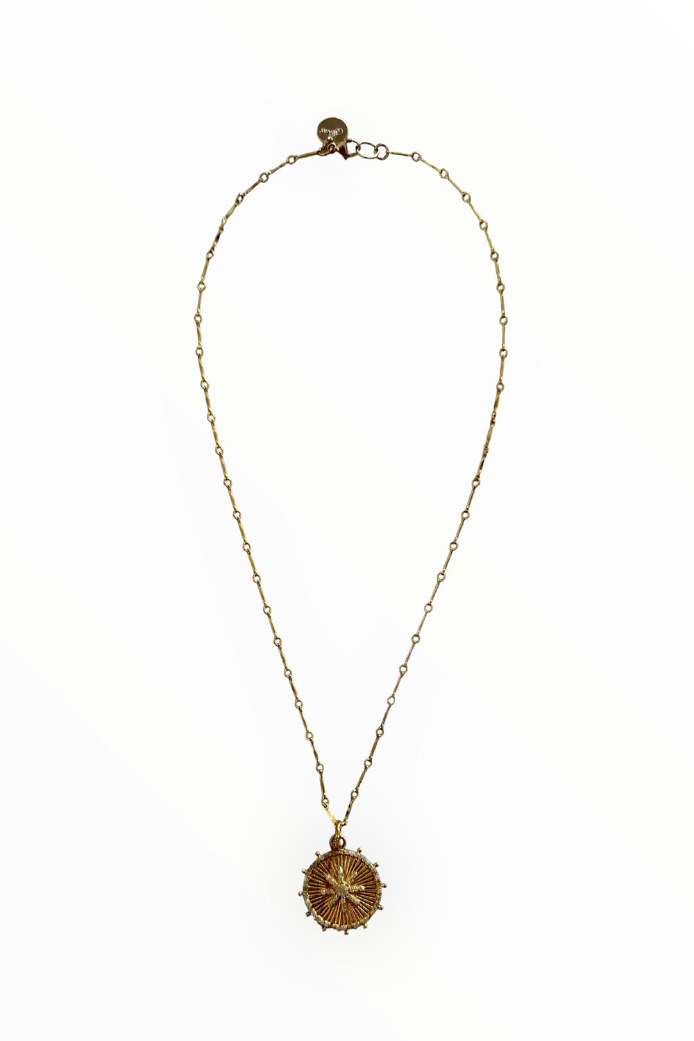 Gold Vermeil and Pave Diamond Spoked Disc Pendant on Gold Filled Bar Chain 16/18/20