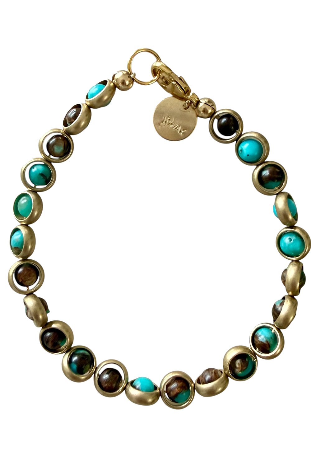 Gemstone Bracelet with Antique Gold Rings in Bronzite Turquoise