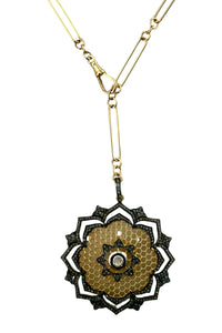 Necklace of gold vermeil long short chain with swivel clasp and vermeil, pave and polki diamond filagree pendant