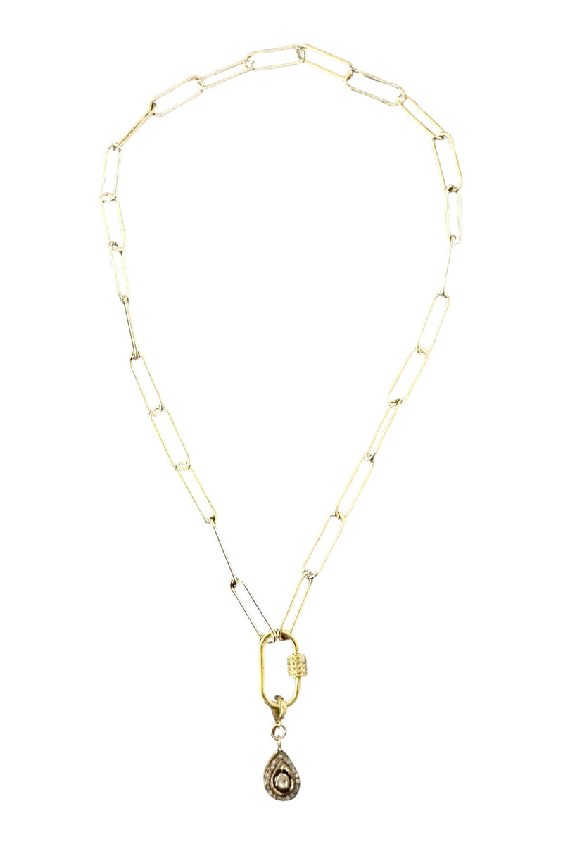 14K Gold Filled Paperclip Chain with Pave Diamond Oval Carabiner & Polki Diamond Teardrop Chain Necklace