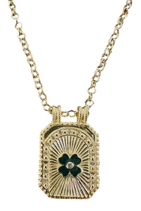 14K Gold Vermeil, Pave Diamond and Green Enamel Clover Pendant on Gold Filled Chain Necklace