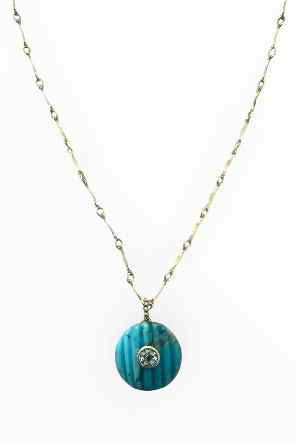 14K gold filled dapped bar chain 18/20 with grooved turquoise gemstone disc pendant