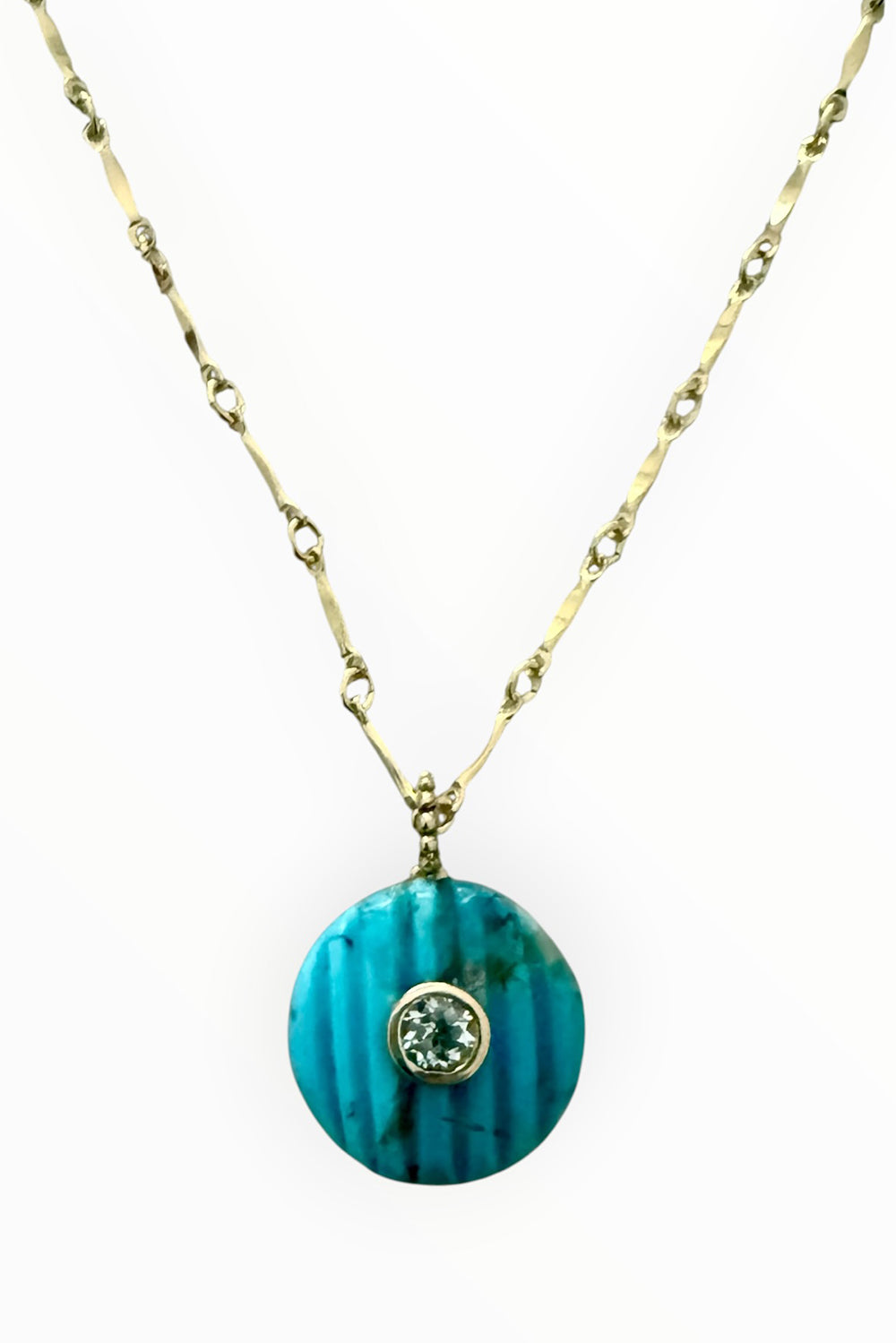 14K gold filled dapped bar chain 18/20 with grooved turquoise gemstone disc pendant