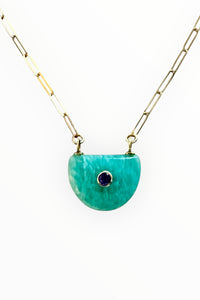 Amazonite and Amethyst Crescent Pendant on 14K Gold Filled Paper Clip Chain