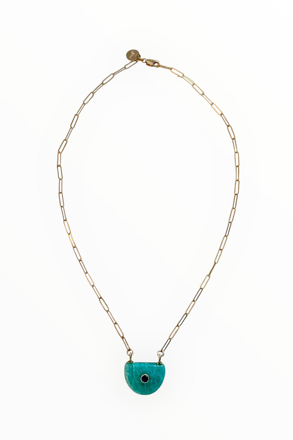 Amazonite and Amethyst Crescent Pendant on 14K Gold Filled Paper Clip Chain