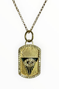 14K gold vermeil, enamel and pave diamond evil eye dog tag on 14K gold filled adjustable box chain