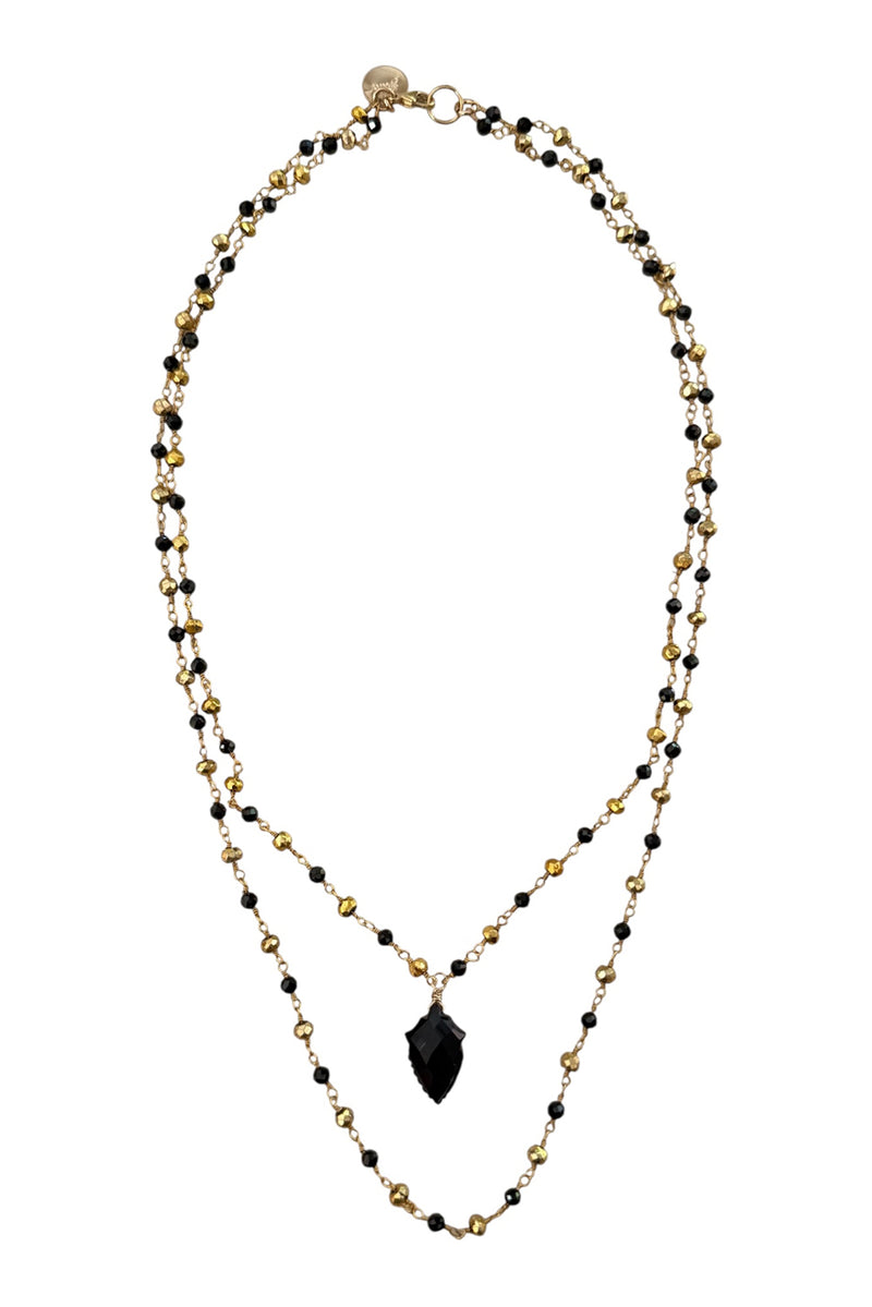 Double layer necklace of gold vermeil and black onyx with carved black onyx pendant