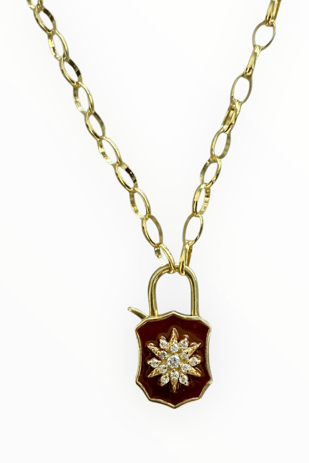 16” Gold Filled Chain with Brown Enamel and Diamond Shield Padlock Clasp