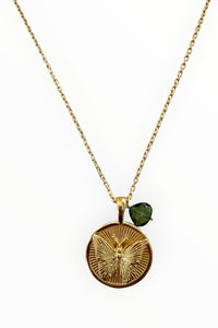 Gold Vermeil Butterfly signet pendant on gold filled chain with tourmaline charm