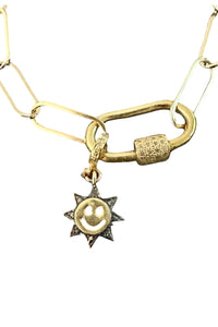 14K Gold Filled Paperclip Chain with Gold Vermeil & Pave Diamond Carabiner & Smiley Face Sun Charm Bracelet