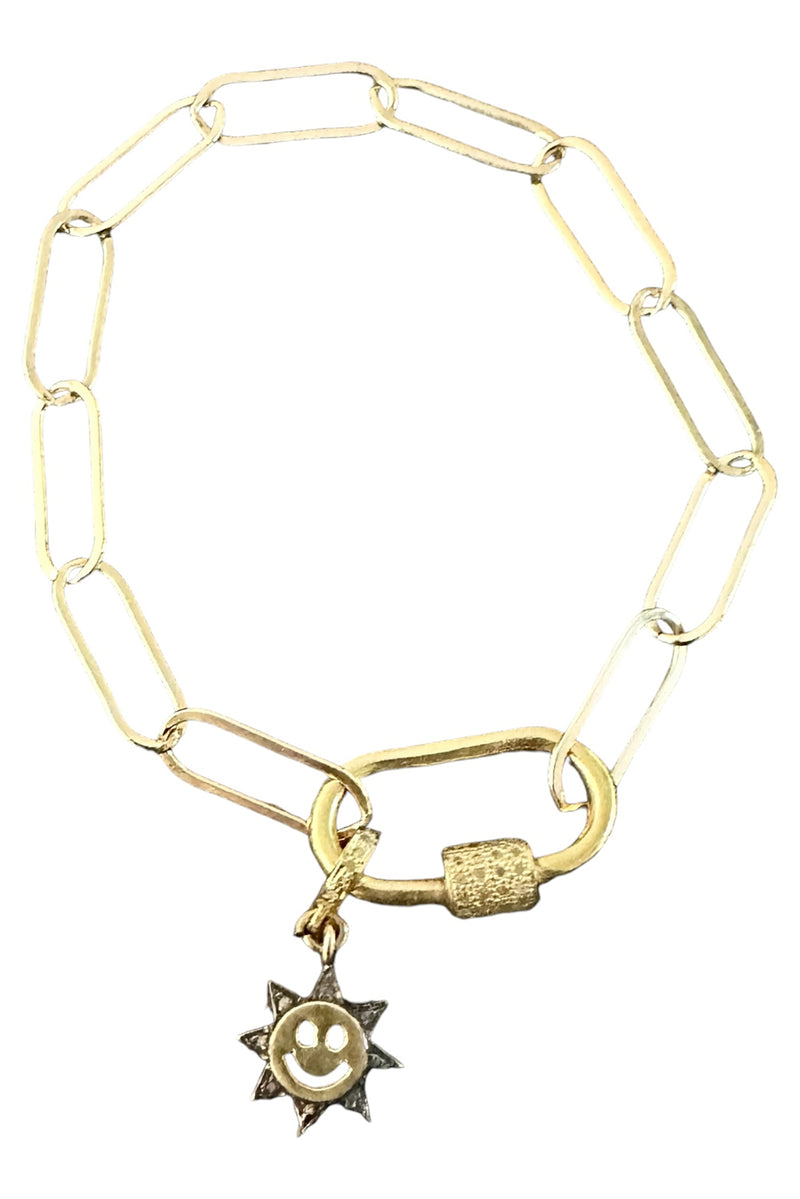 14K Gold Filled Paperclip Chain with Gold Vermeil & Pave Diamond Carabiner & Smiley Face Sun Charm Bracelet