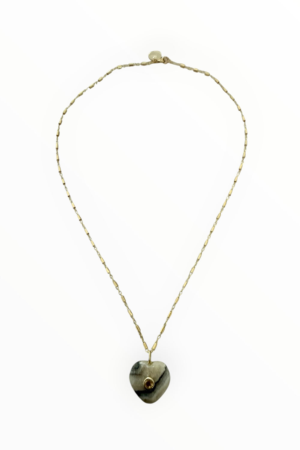 Calcite heart inlaid with topaz on 14K gold filled tube chain necklace