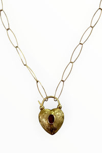 Etched Heart padlock with tourmaline on gold filled oval chain