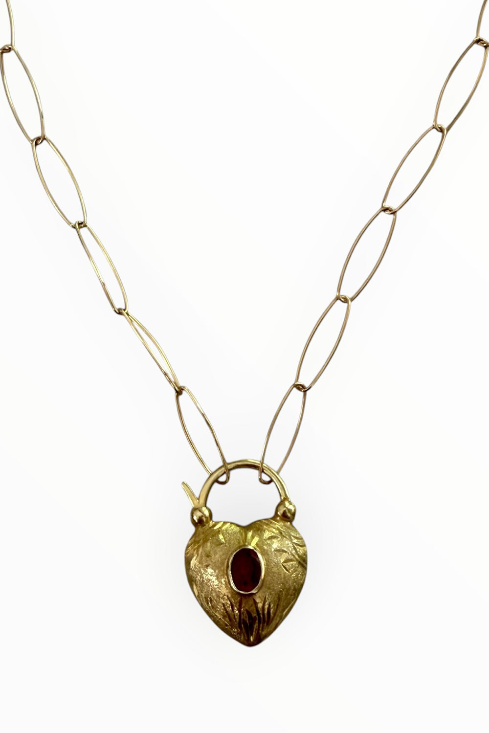Etched Heart padlock with tourmaline on gold filled oval chain