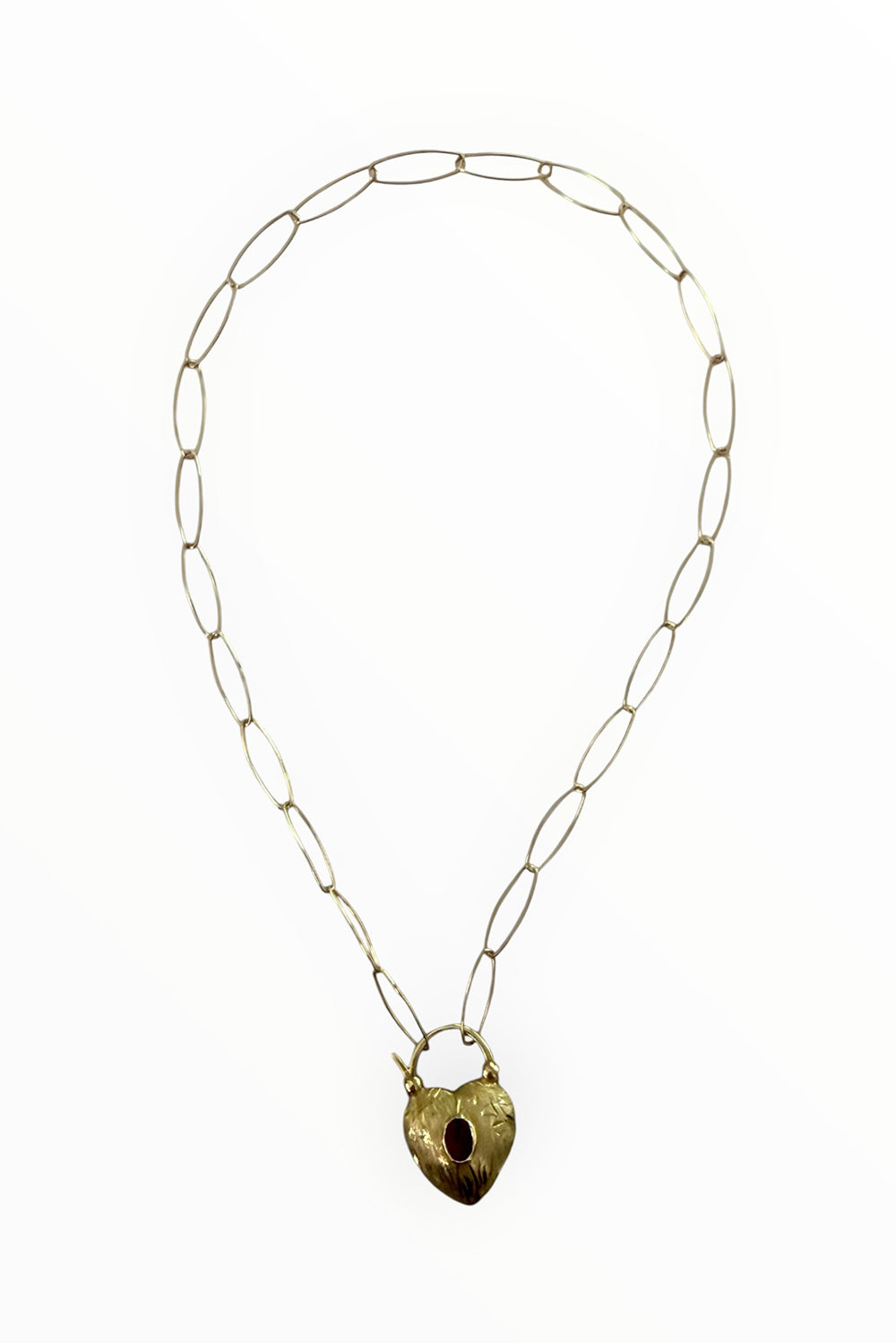 Etched Heart padlock with tourmaline on gold filled oval chain