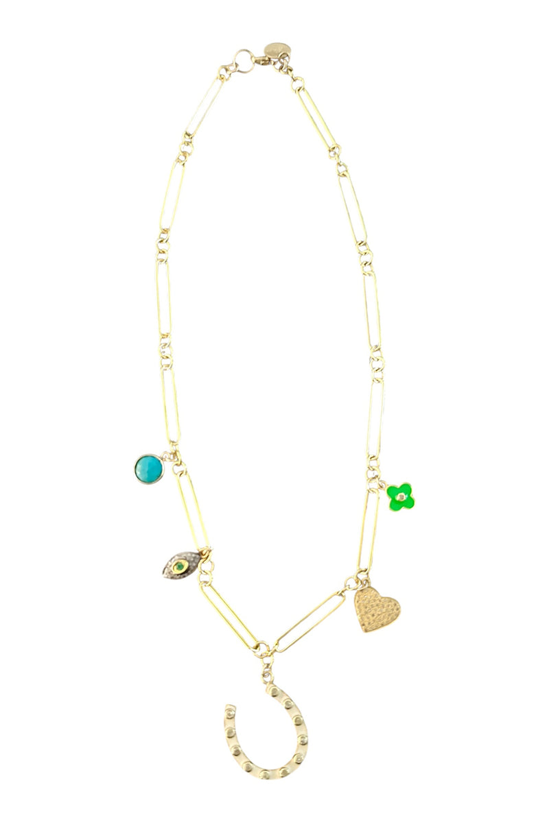 Gold Turquoise Pave Charm Necklace