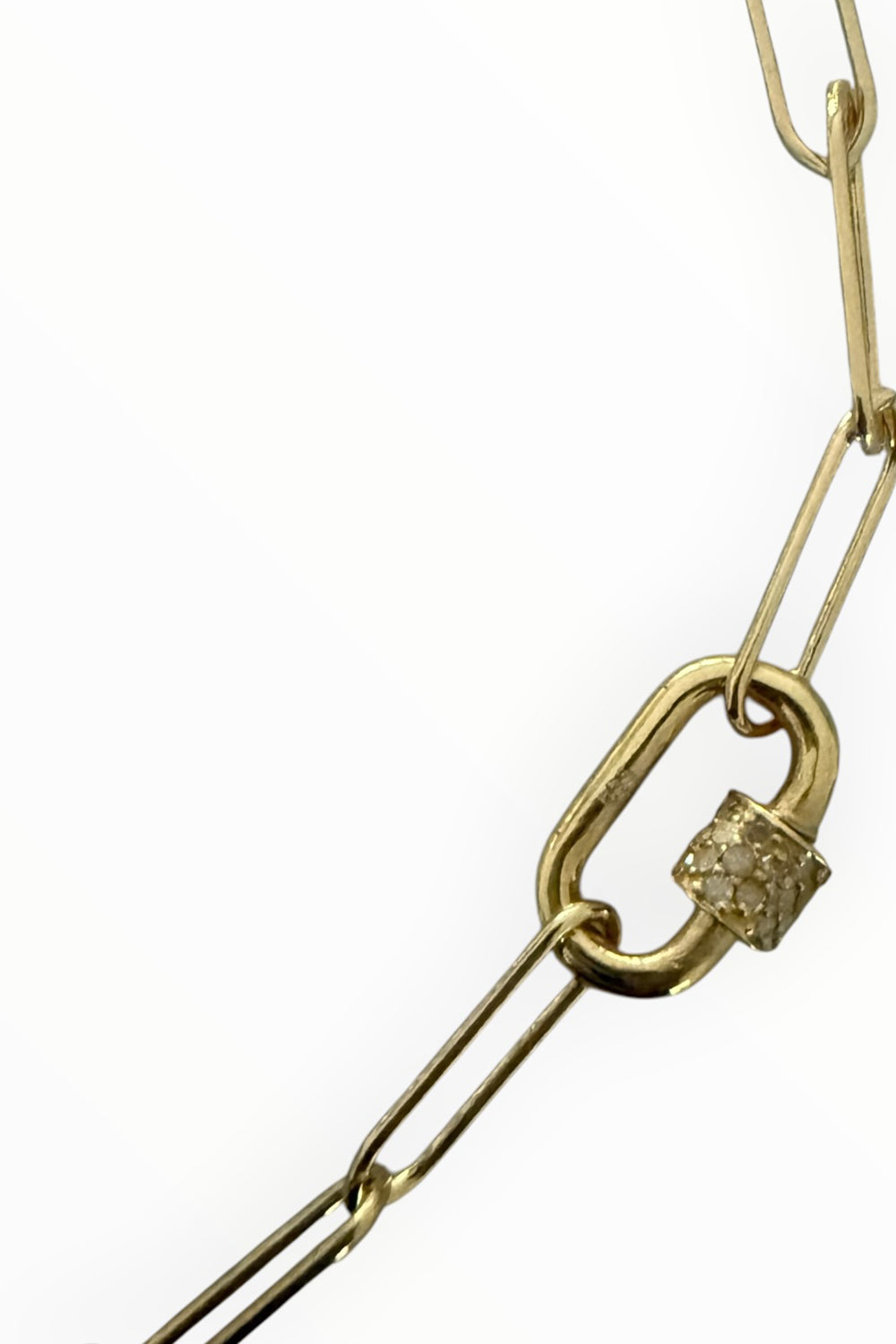 14K gold filled paper clip chain with gold vermeil and pave diamond carabiner