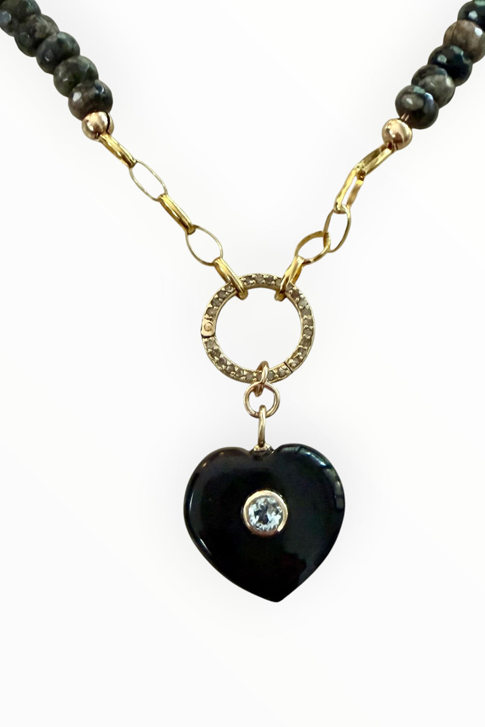 Faceted gray opals with pave diamond carabiner and black onyx heart charm