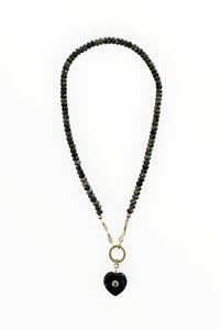 Faceted gray opals with pave diamond carabiner and black onyx heart charm