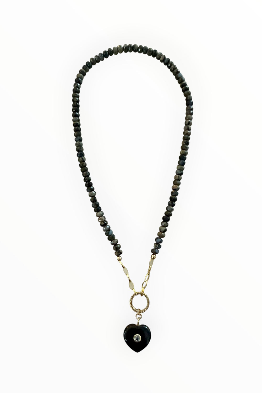 Faceted gray opals with pave diamond carabiner and black onyx heart charm