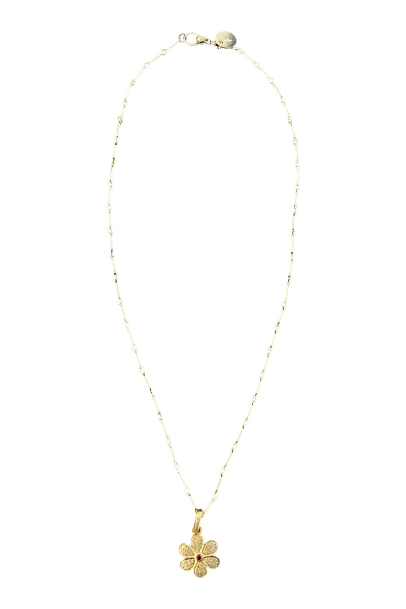 Gold Filled Bar Chain with Gold Vermeil & Pave Diamond Flower Pendant Necklace