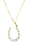 Turquoise Enamel and Rose Cut Diamond Horseshoe Pendant on 14K Gold Filled Dapped Chain