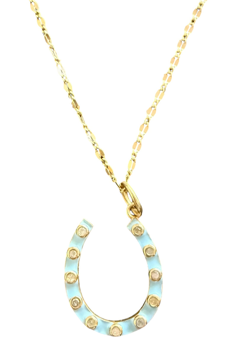 Turquoise Enamel and Rose Cut Diamond Horseshoe Pendant on 14K Gold Filled Dapped Chain