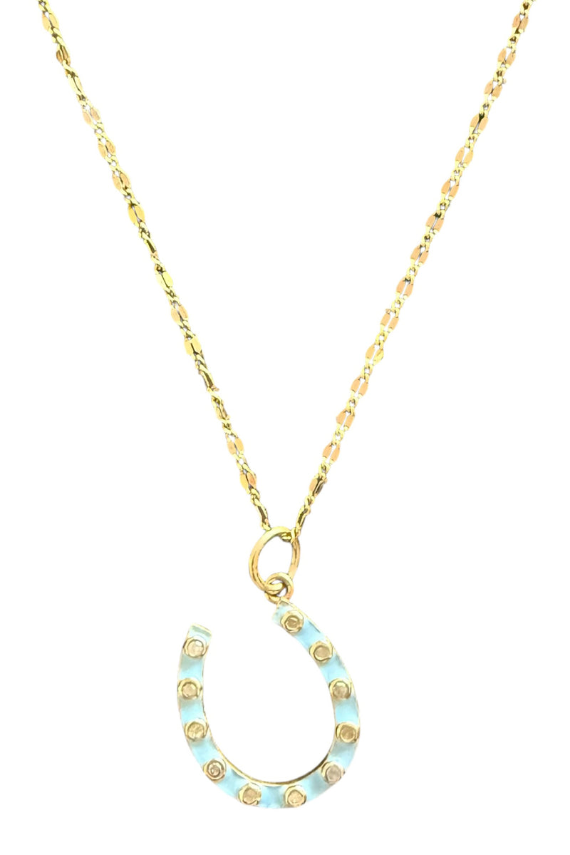 Turquoise Enamel and Rose Cut Diamond Horseshoe Pendant on 14K Gold Filled Dapped Chain