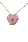 Caged Heart necklace of 14K gold vermeil rose quartz and emerald
