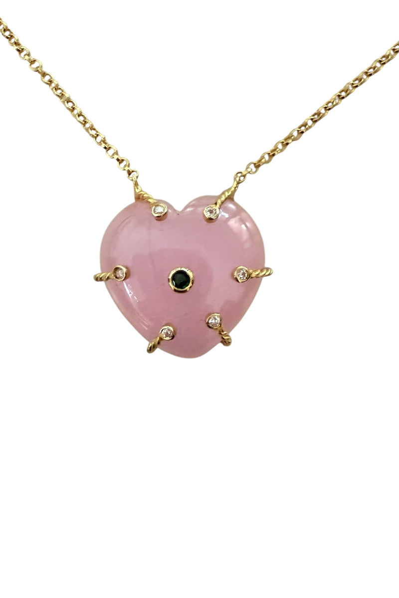 Caged Heart necklace of 14K gold vermeil rose quartz and emerald