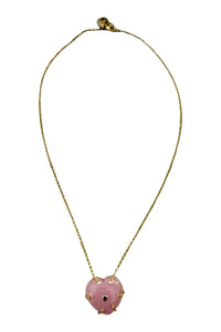 Caged Heart necklace of 14K gold vermeil rose quartz and emerald