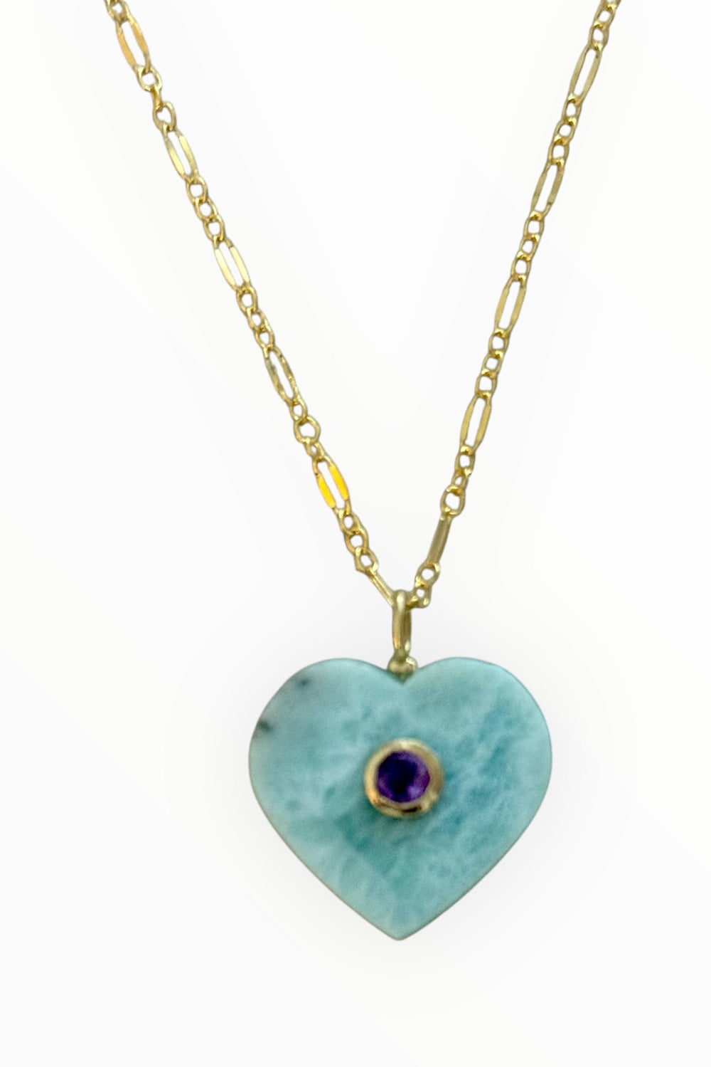 Larimar and Topaz Heart on 14K Gold Filled Long Short Chain