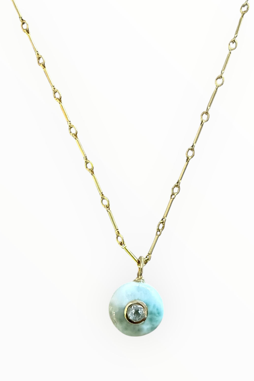 Larimar and Blue Topaz Circle Charm on 14K Gold Filled Bar Chain