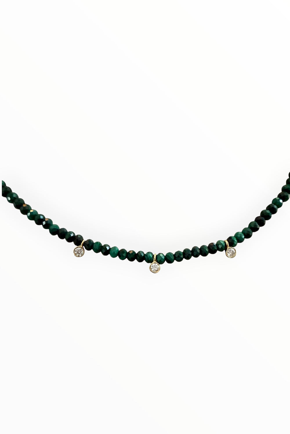 Faceted malachite with 3 gold vermeil lab grown diamond drops