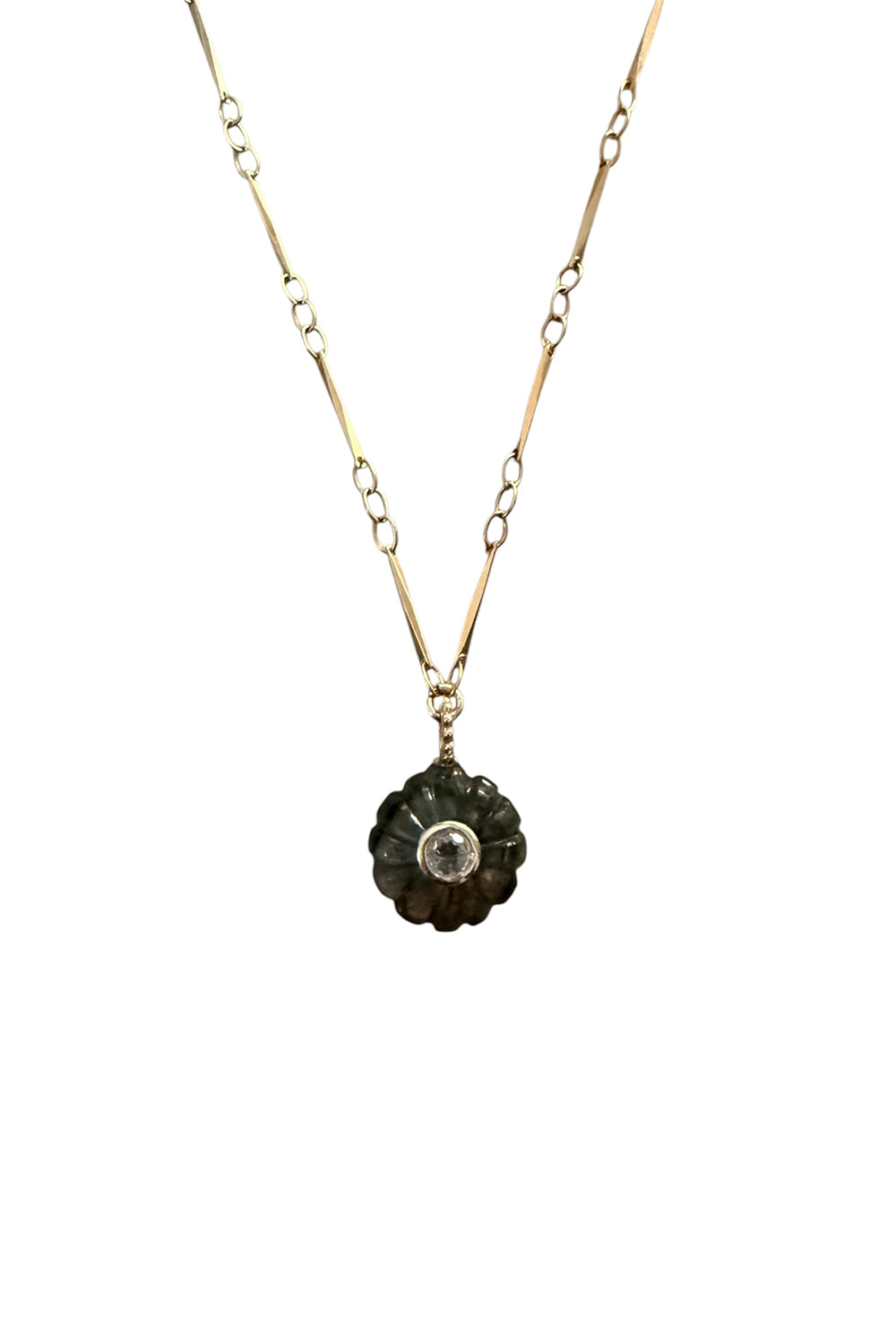 Carved Labradorite Flower Pendant with White Topaz on Gold Filled Twisted Bar Chain