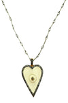 Necklace of oxidized silver bar chain with cream enamel and diamond heart pendant