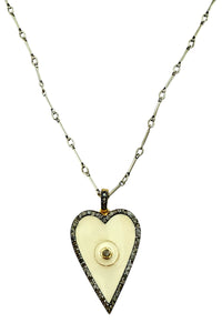 Necklace of oxidized silver bar chain with cream enamel and diamond heart pendant