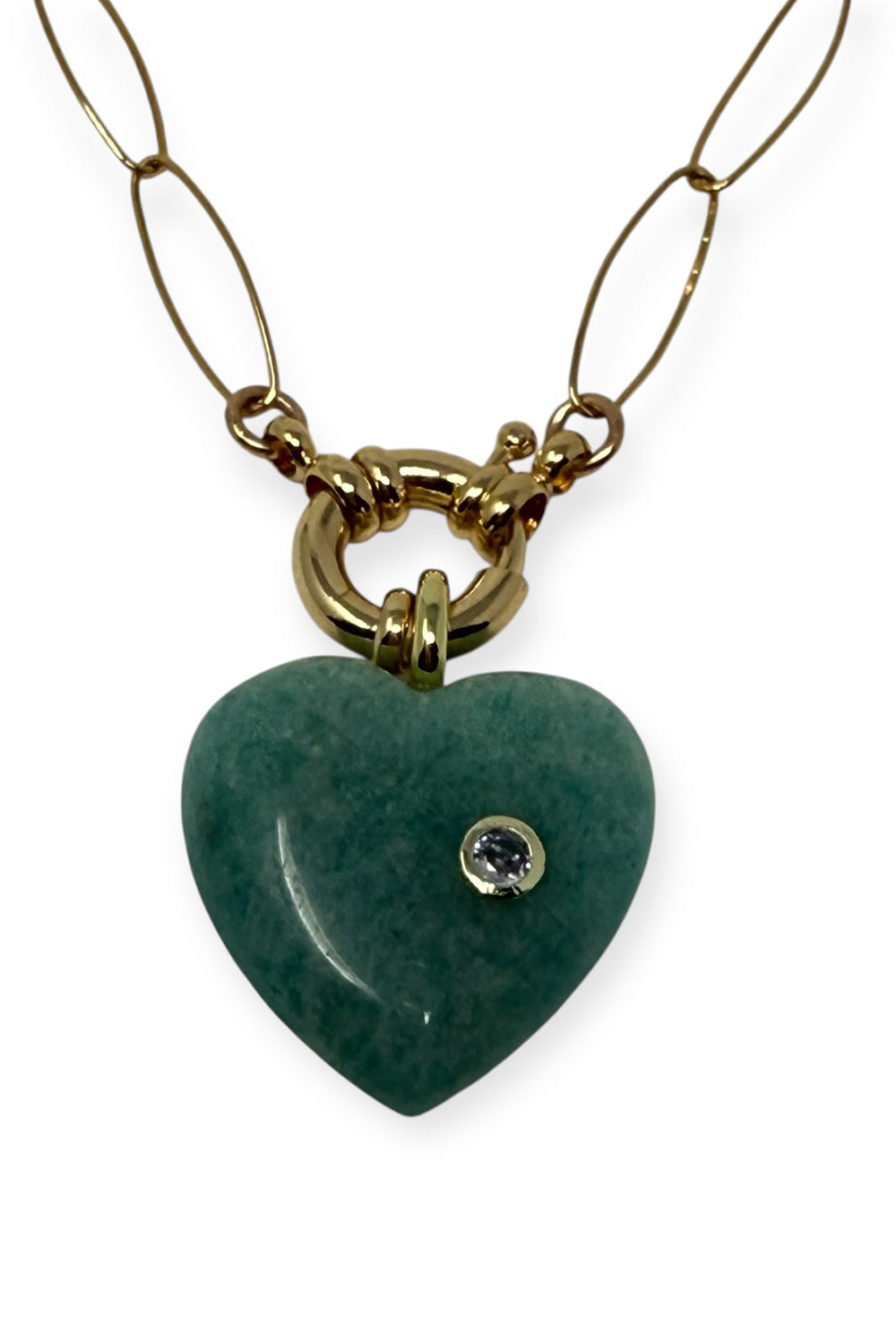 Green Aventurine and Topaz Heart on 14K Gold Filled Elongated Cable Chain with Sailor Clasp