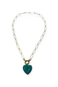 Green Aventurine and Topaz Heart on 14K Gold Filled Elongated Cable Chain with Sailor Clasp